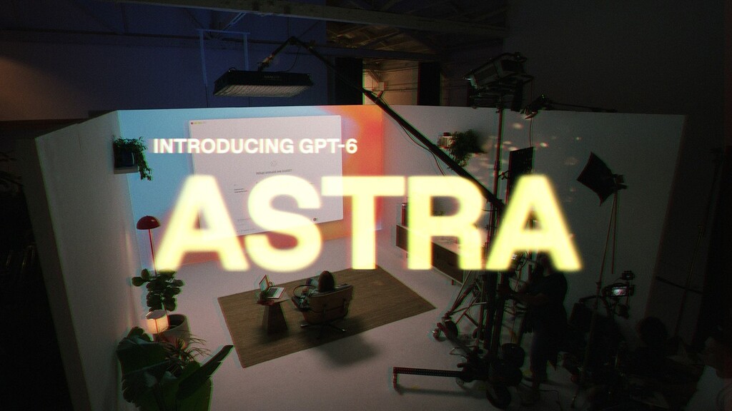 Cartel luminoso ASTRA y pantalla con 'Introducing GPT-6' en el anuncio oficial