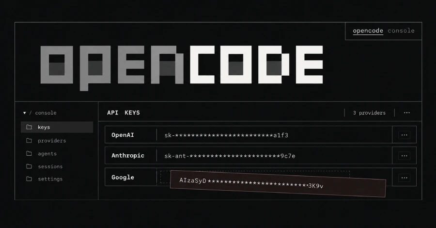 Interfaz de OpenCode Console con claves de proveedores de IA expuestas