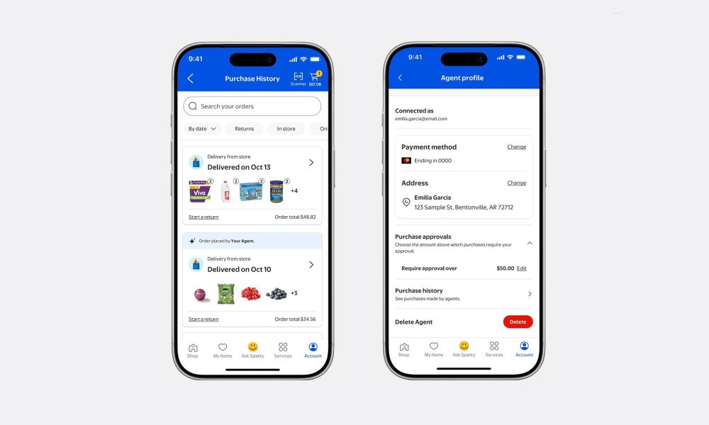 Dos móviles mostrando el historial de compras de un agente y su perfil con método de pago y límites en Walmart